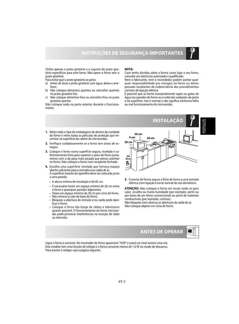 Instalação instruções de segurança importantes, Antes de operar, Português | Sharp R-20STW User Manual | Page 41 / 180