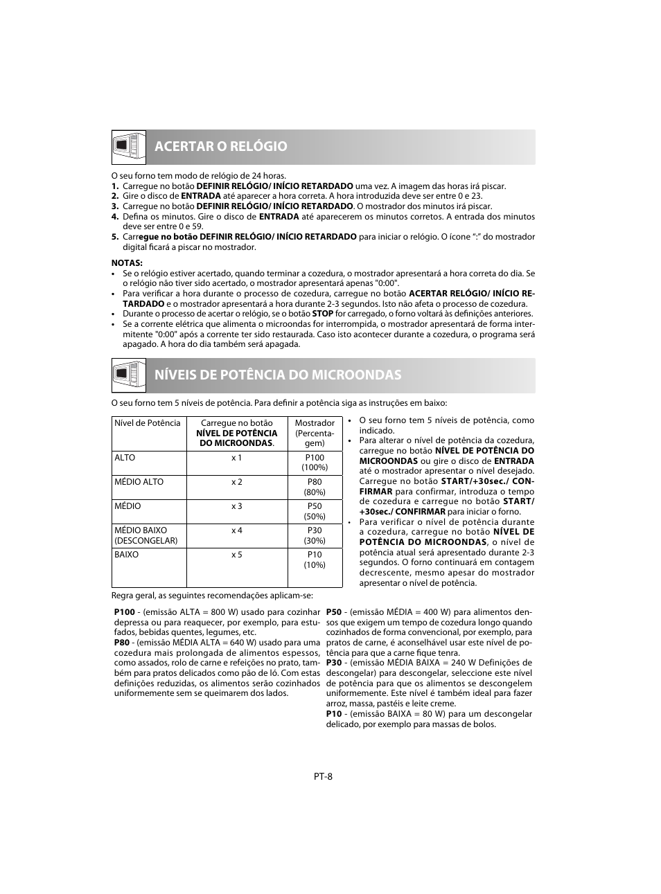 Níveis de potência do microondas acertar o relógio | Sharp R-20STW User Manual | Page 42 / 180