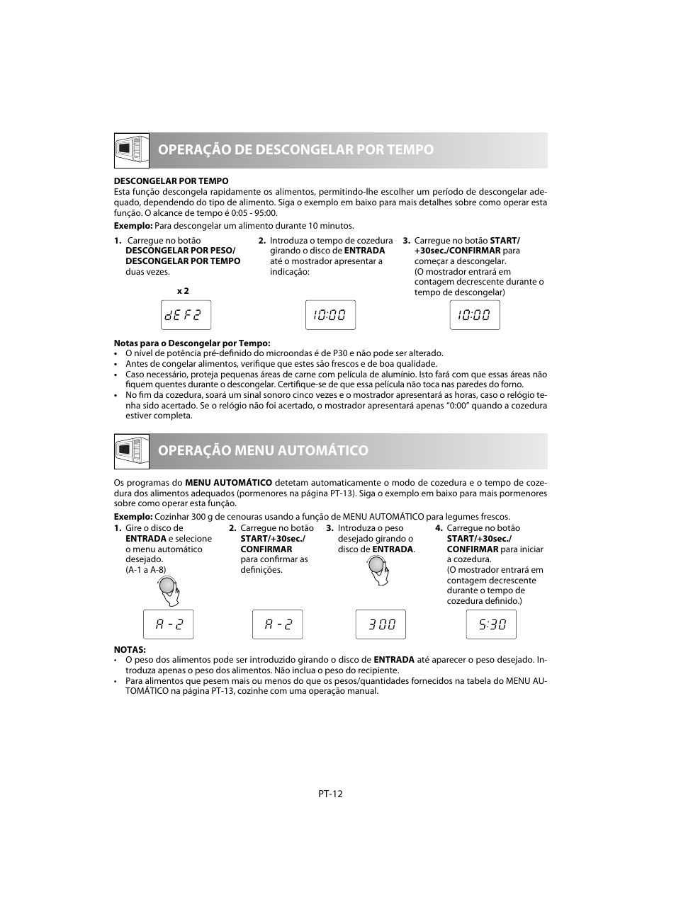 Operação de descongelar por tempo, Operação menu automático | Sharp R-20STW User Manual | Page 46 / 180