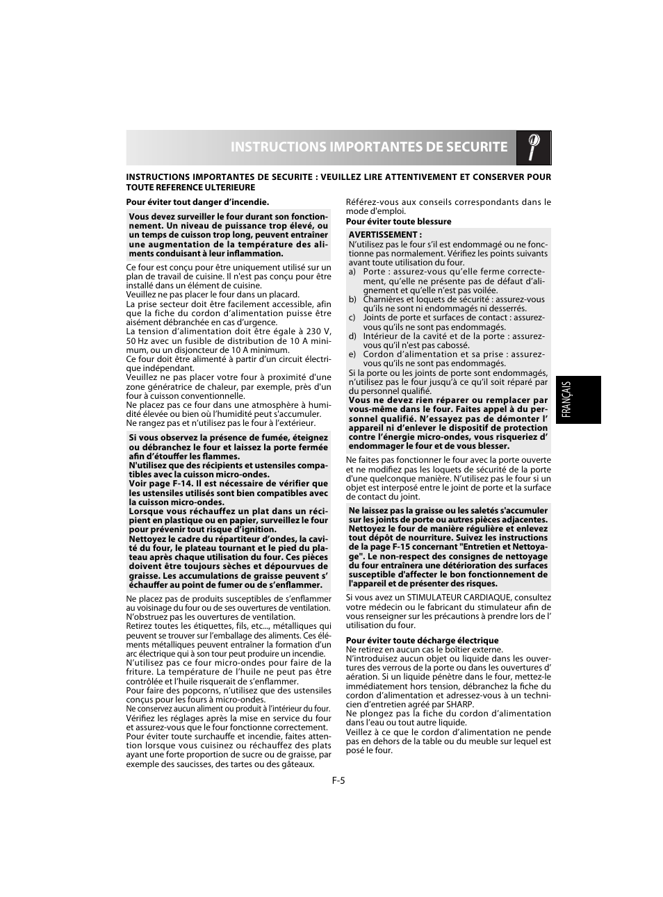 Instructions importantes de securite | Sharp R-20STW User Manual | Page 55 / 180