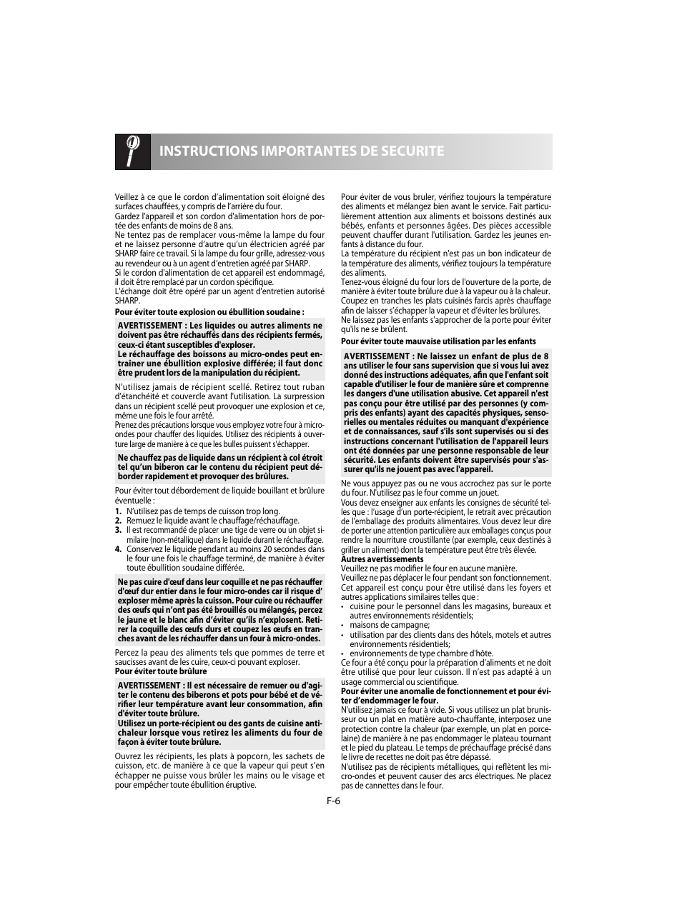Instructions importantes de securite | Sharp R-20STW User Manual | Page 56 / 180