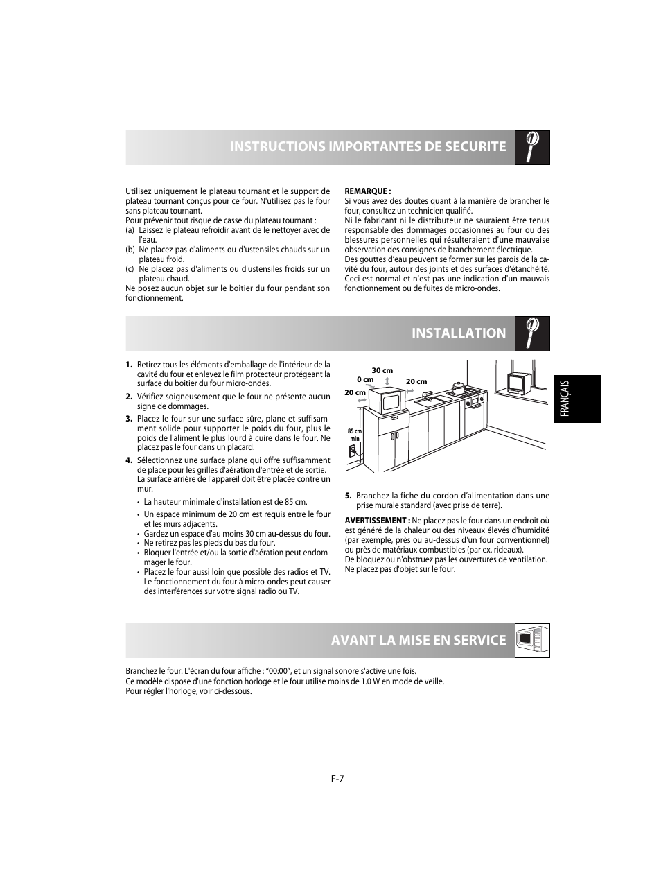 Installation instructions importantes de securite, Avant la mise en service, Français | Sharp R-20STW User Manual | Page 57 / 180