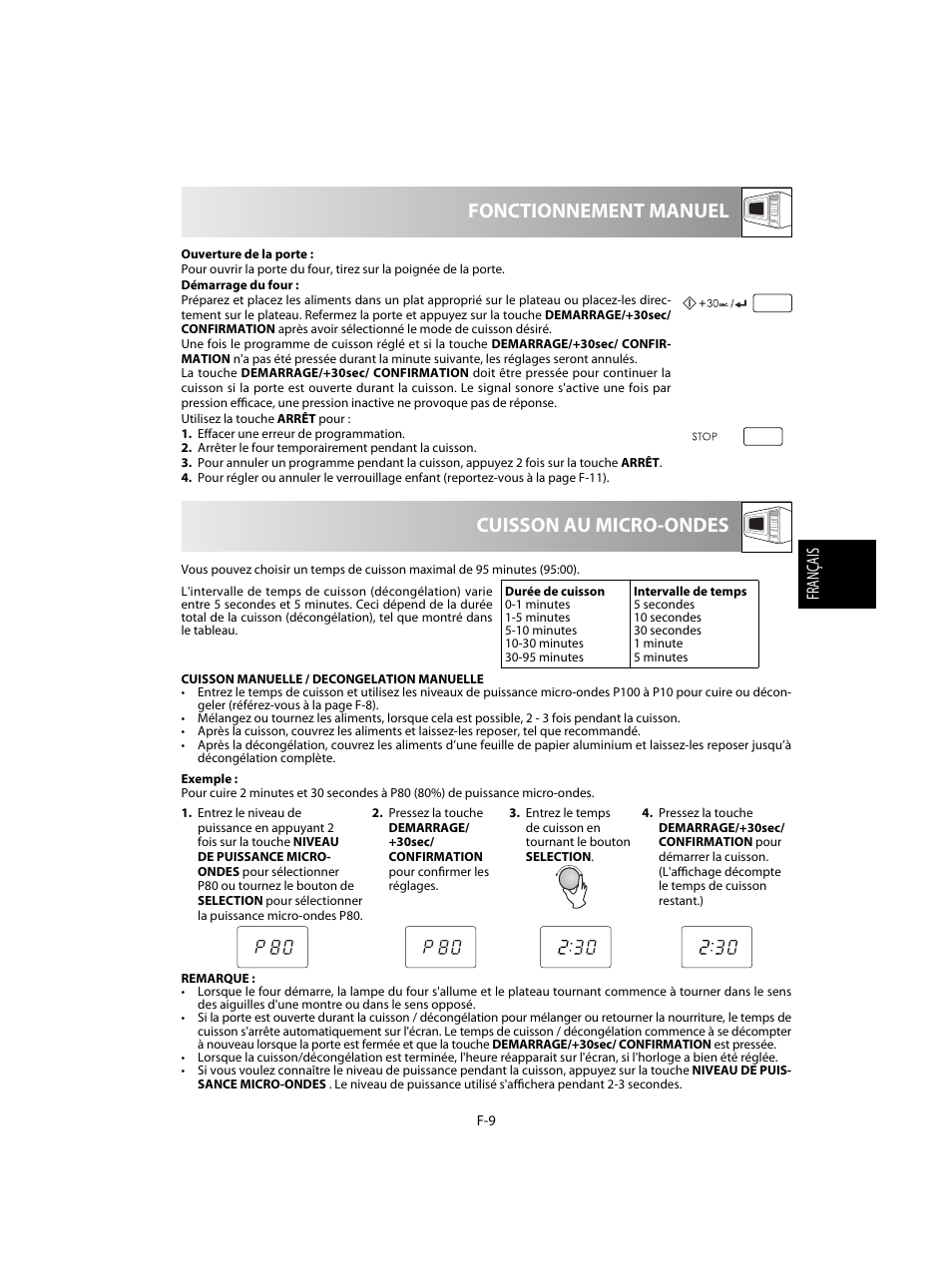 Cuisson au micro-ondes fonctionnement manuel | Sharp R-20STW User Manual | Page 59 / 180