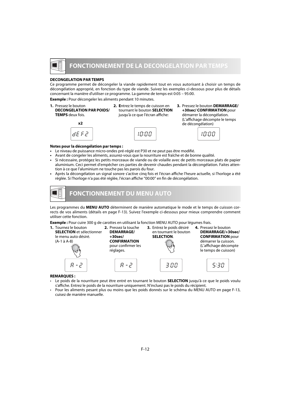 Fonctionnement de la decongelation par temps, Fonctionnement du menu auto | Sharp R-20STW User Manual | Page 62 / 180
