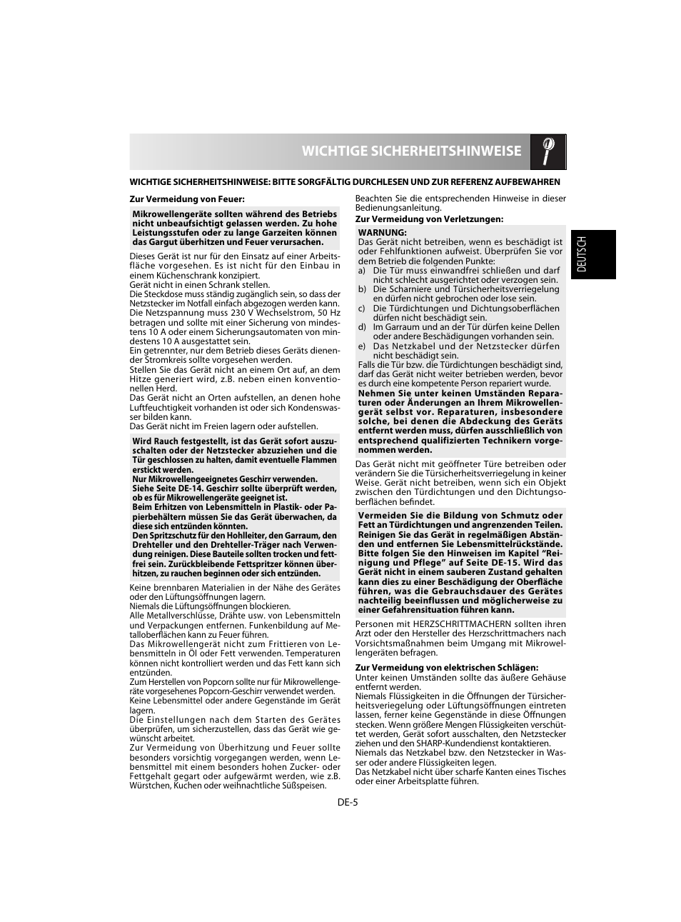 Wichtige sicherheitshinweise | Sharp R-20STW User Manual | Page 7 / 180