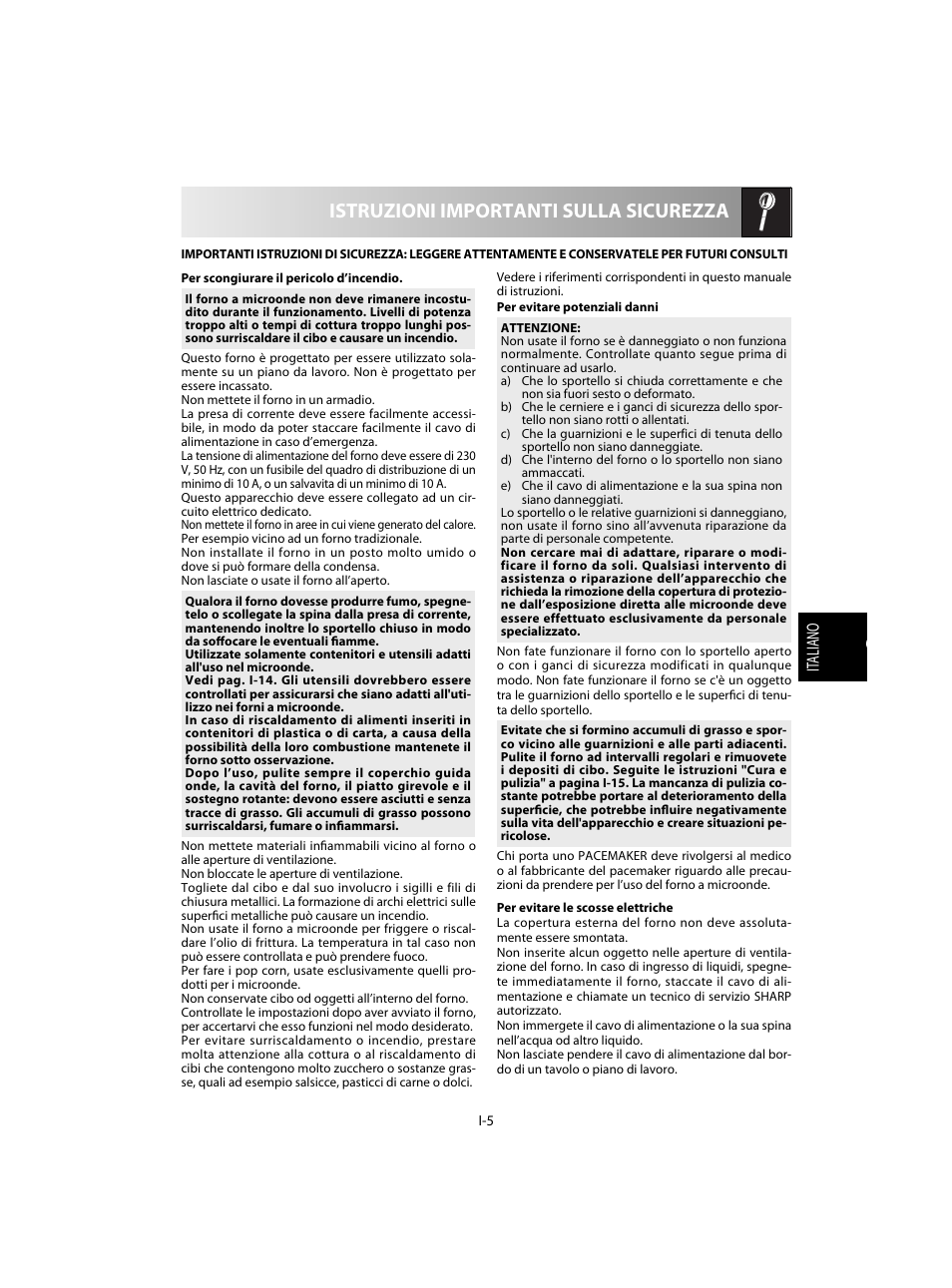 Istruzioni importanti sulla sicurezza | Sharp R-20STW User Manual | Page 71 / 180