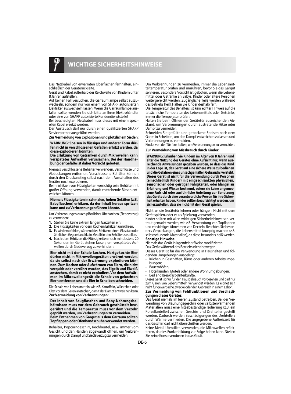 Wichtige sicherheitshinweise | Sharp R-20STW User Manual | Page 8 / 180