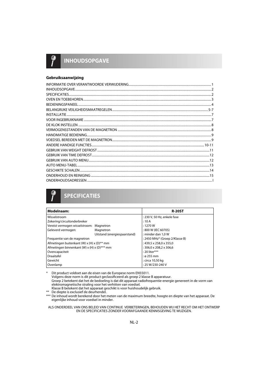 Specificaties inhoudsopgave | Sharp R-20STW User Manual | Page 84 / 180
