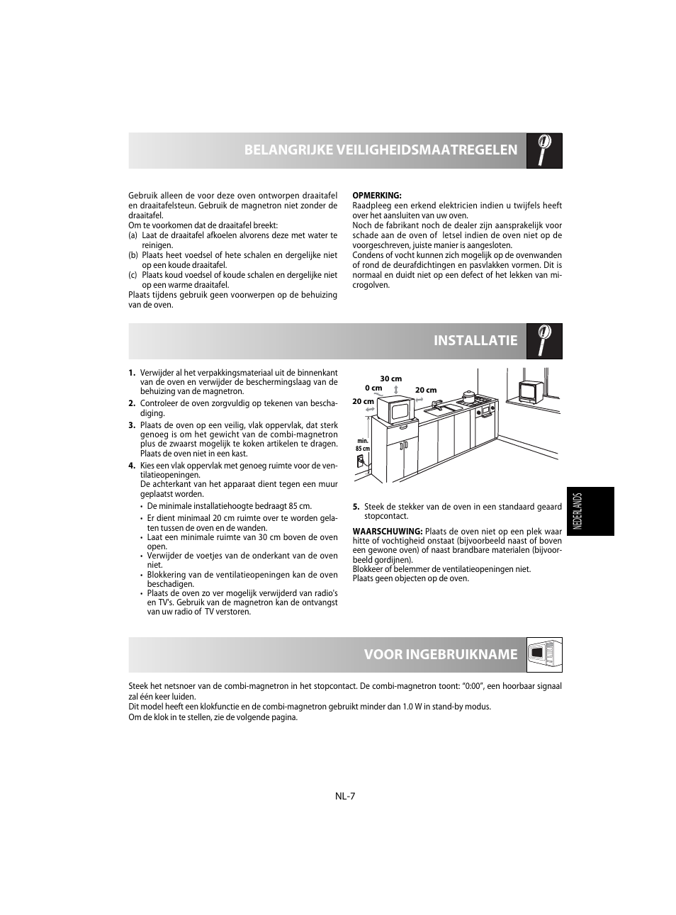 Installatie belangrijke veiligheidsmaatregelen, Voor ingebruikname, Nederlands | Sharp R-20STW User Manual | Page 89 / 180