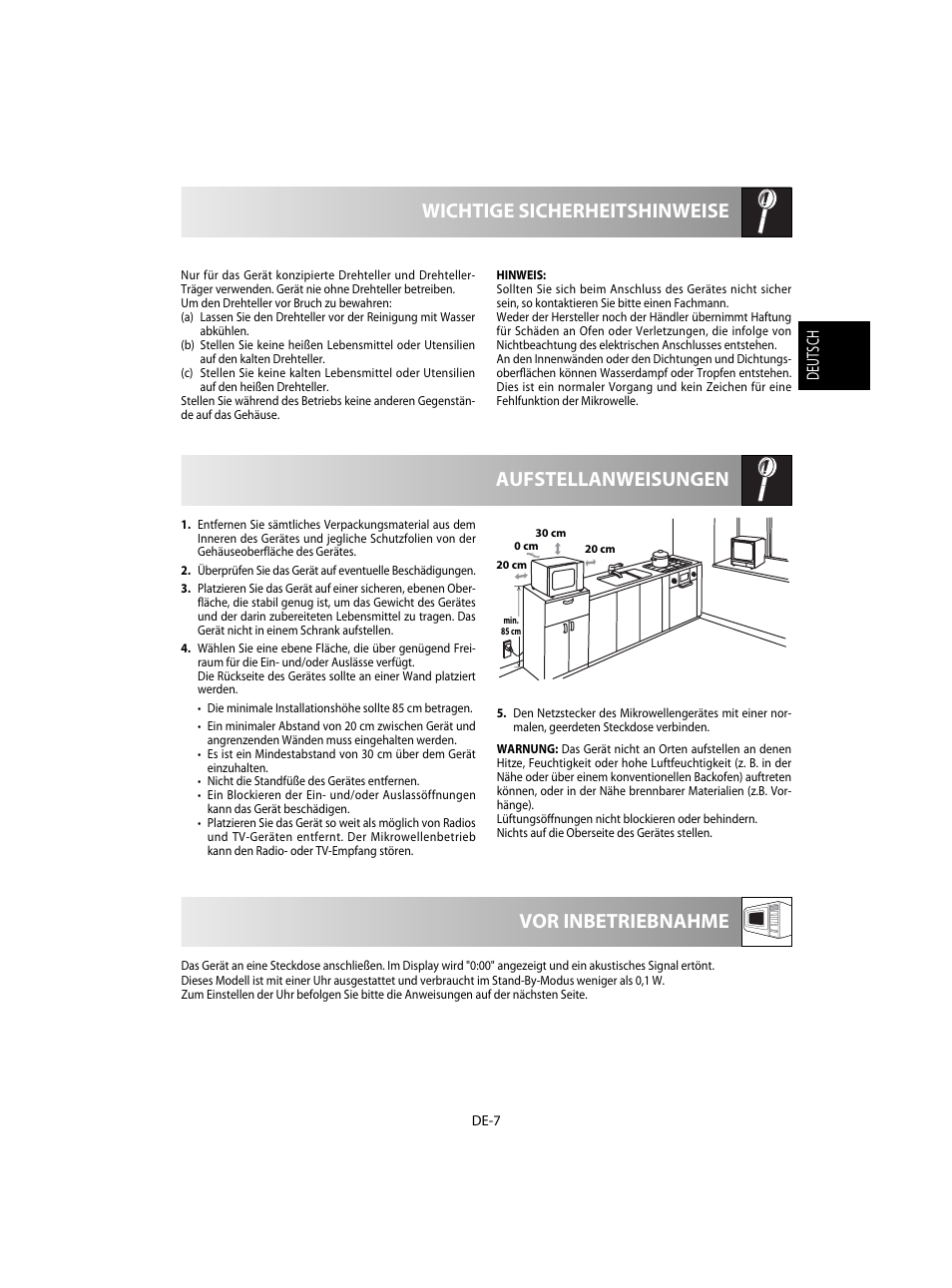 Aufstellanweisungen wichtige sicherheitshinweise, Vor inbetriebnahme, Deutsch | Sharp R-20STW User Manual | Page 9 / 180