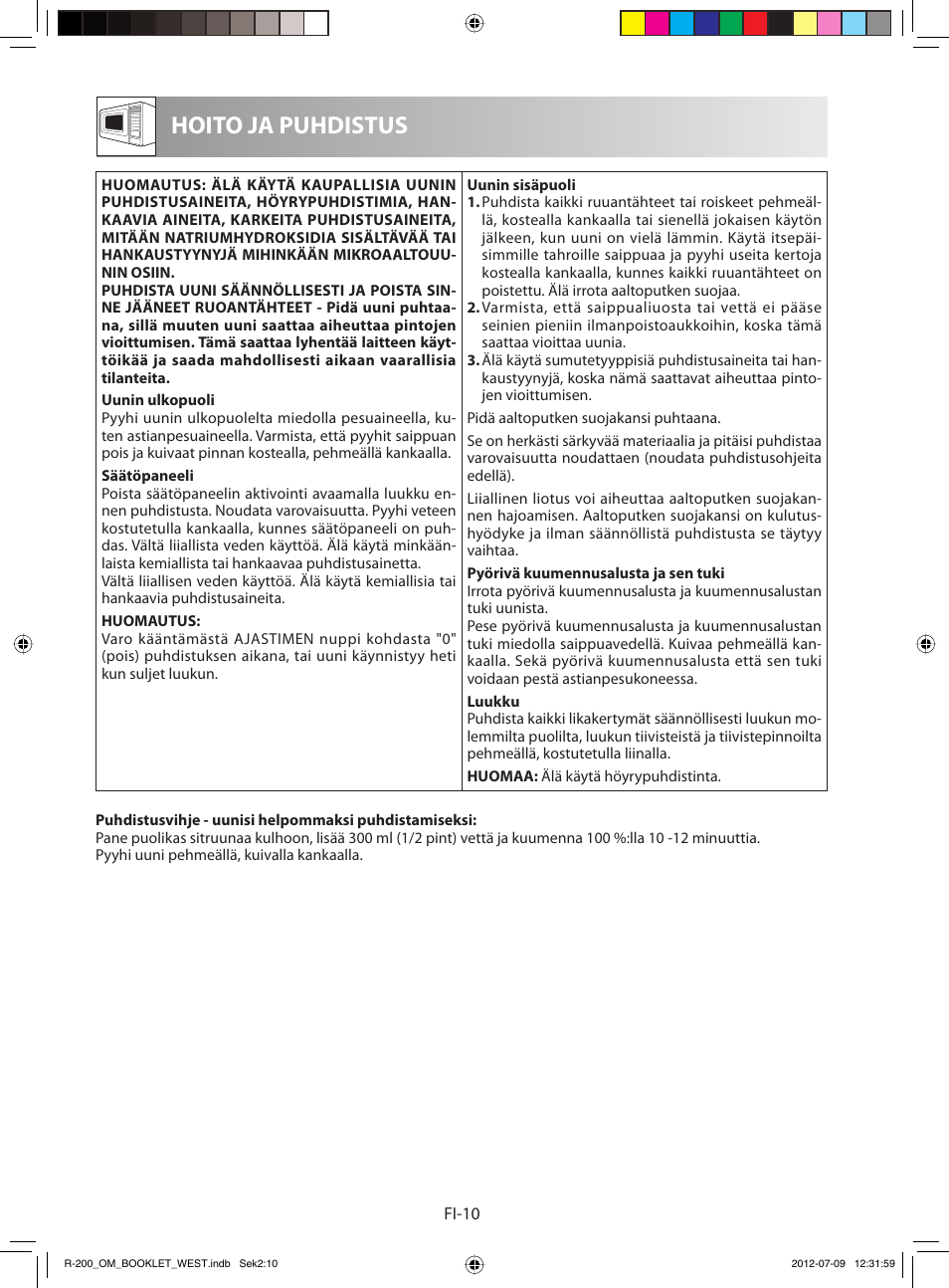 Hoito ja puhdistus | Sharp R-200WW User Manual | Page 102 / 116