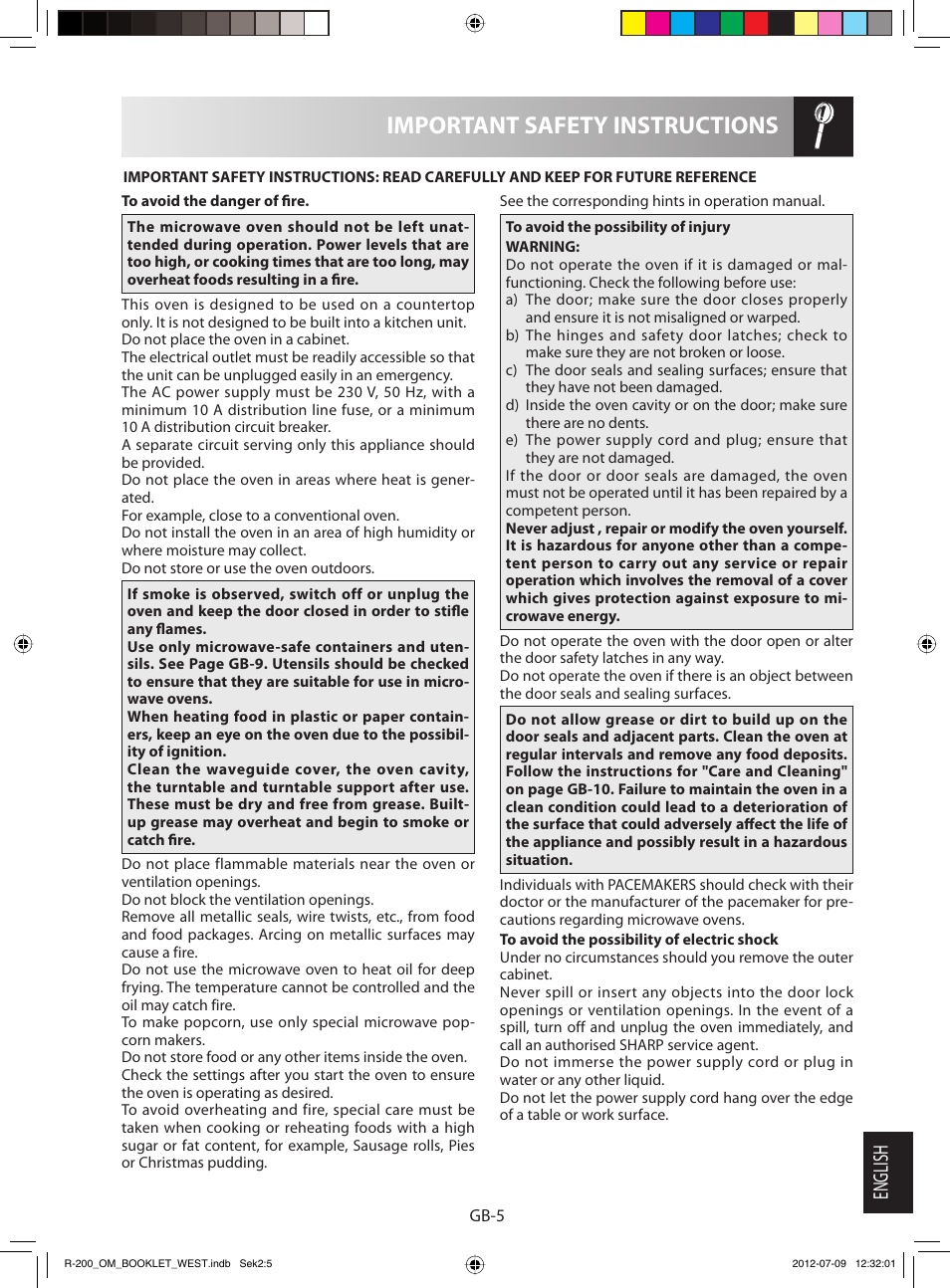 Important safety instructions, English | Sharp R-200WW User Manual | Page 107 / 116