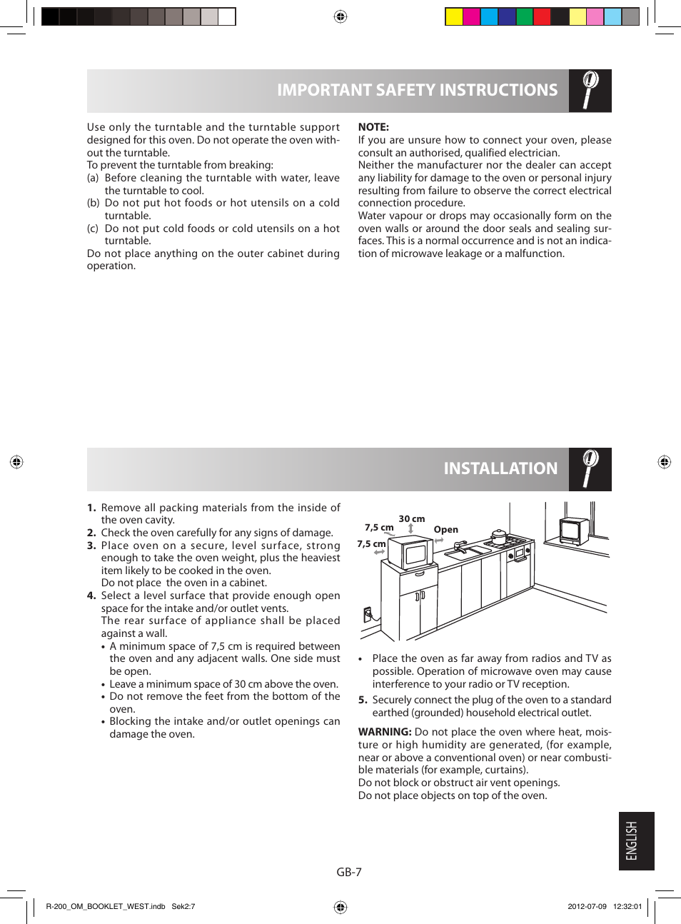 Installation important safety instructions, English | Sharp R-200WW User Manual | Page 109 / 116