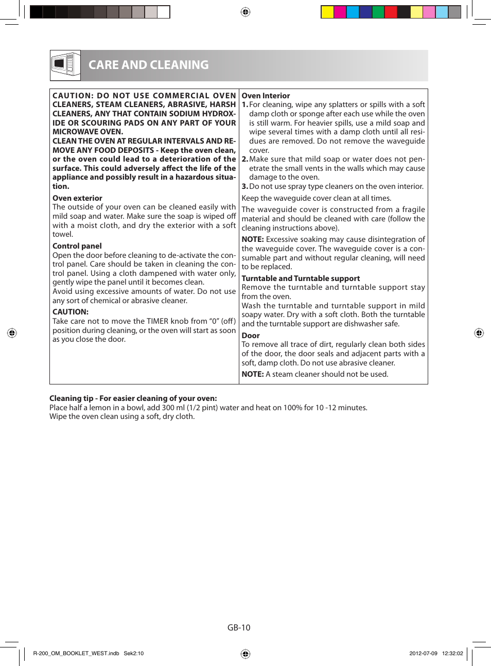 Care and cleaning | Sharp R-200WW User Manual | Page 112 / 116