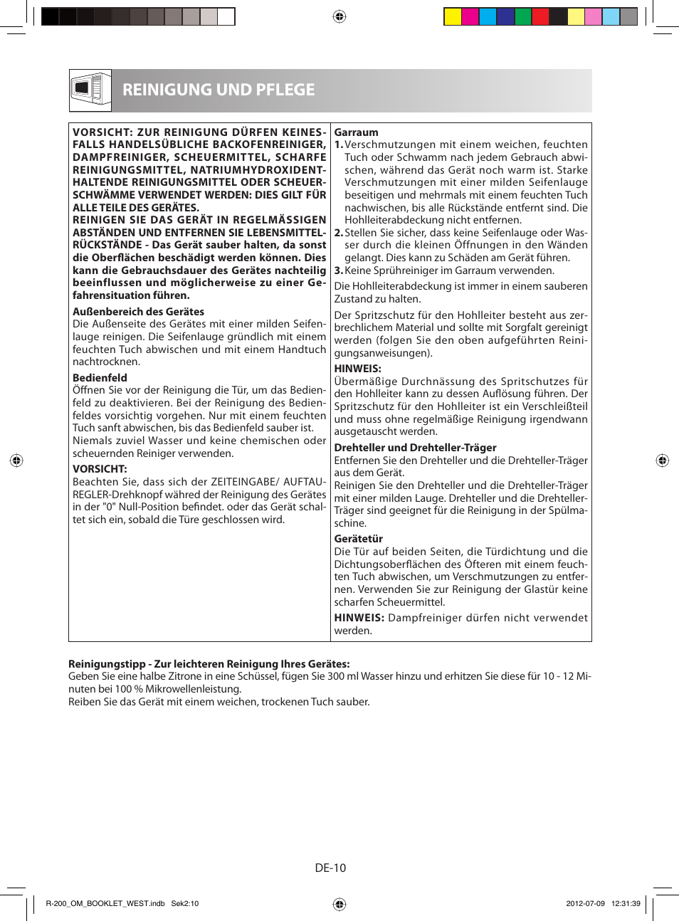 Reinigung und pflege | Sharp R-200WW User Manual | Page 12 / 116