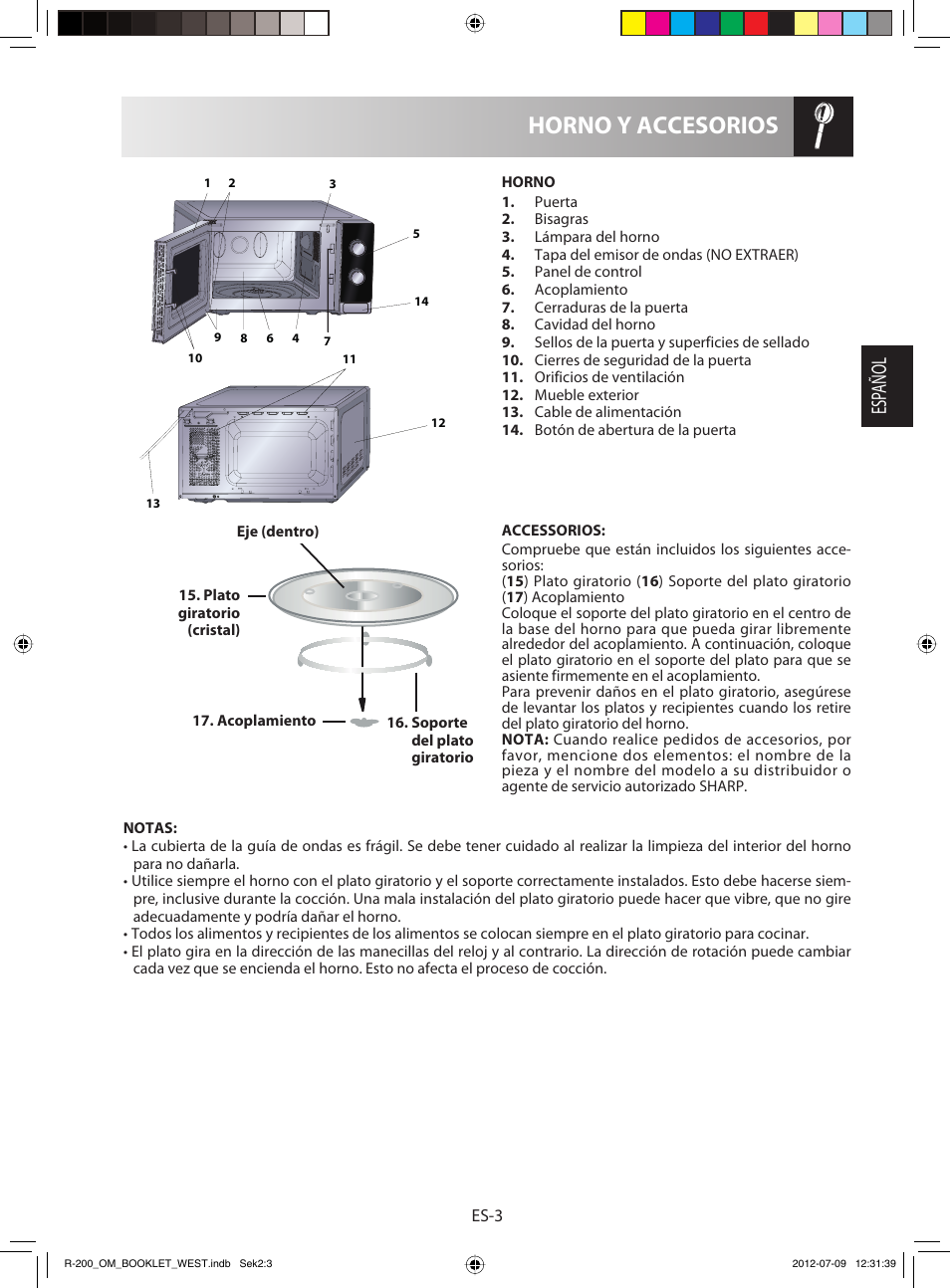 Horno y accesorios, Esp añol | Sharp R-200WW User Manual | Page 15 / 116