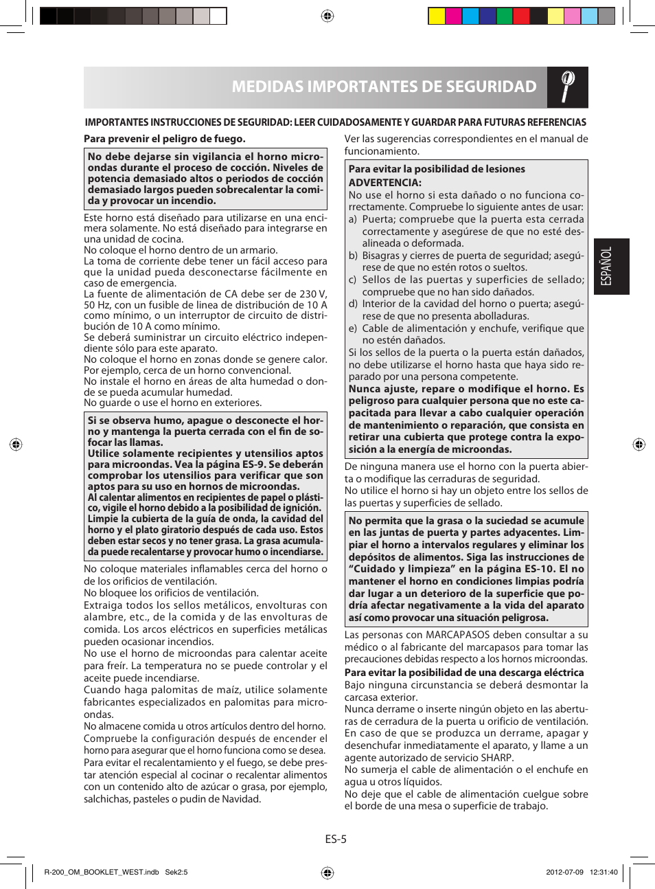 Medidas importantes de seguridad, Esp añol | Sharp R-200WW User Manual | Page 17 / 116