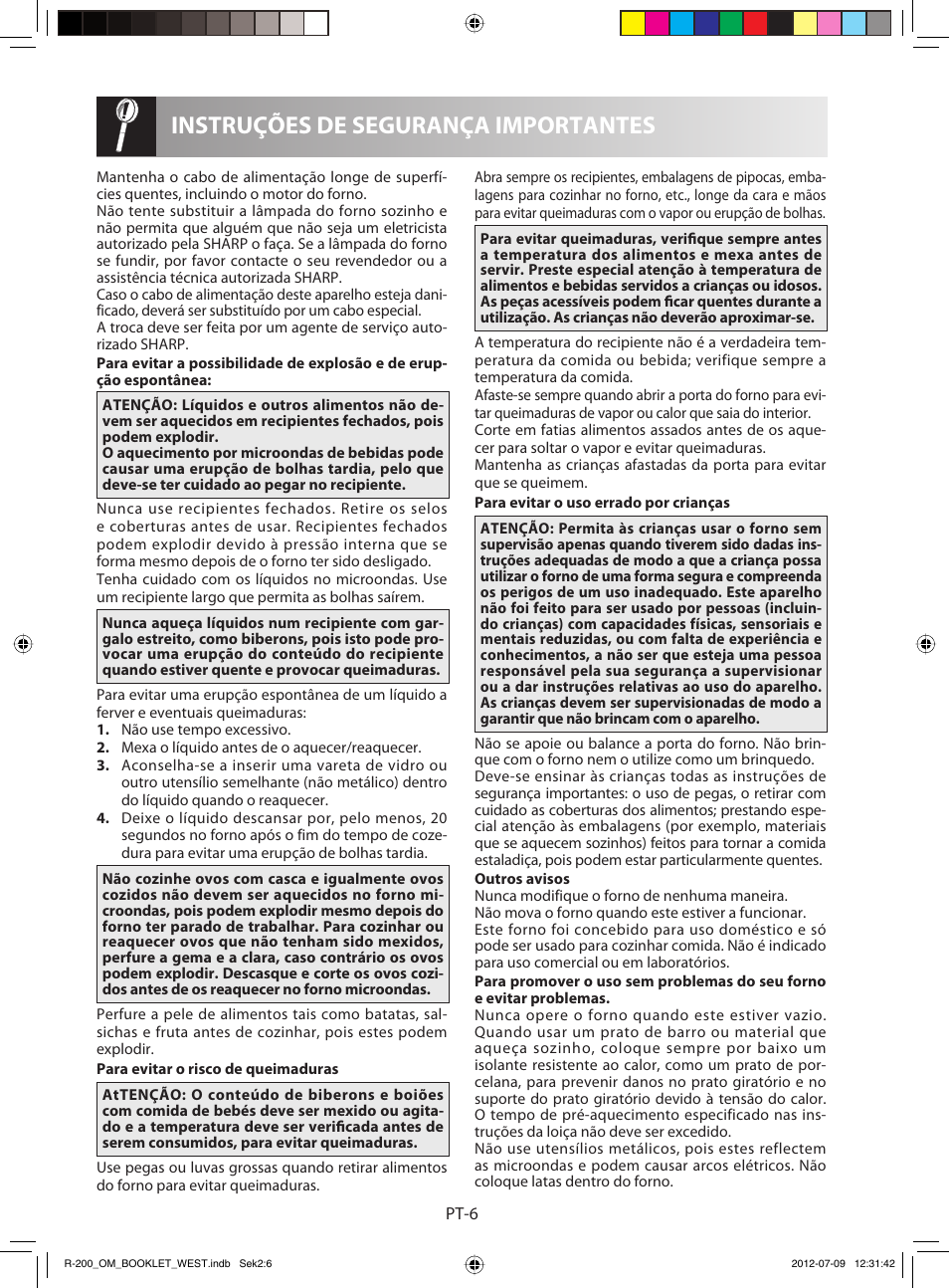 Instruções de segurança importantes | Sharp R-200WW User Manual | Page 28 / 116