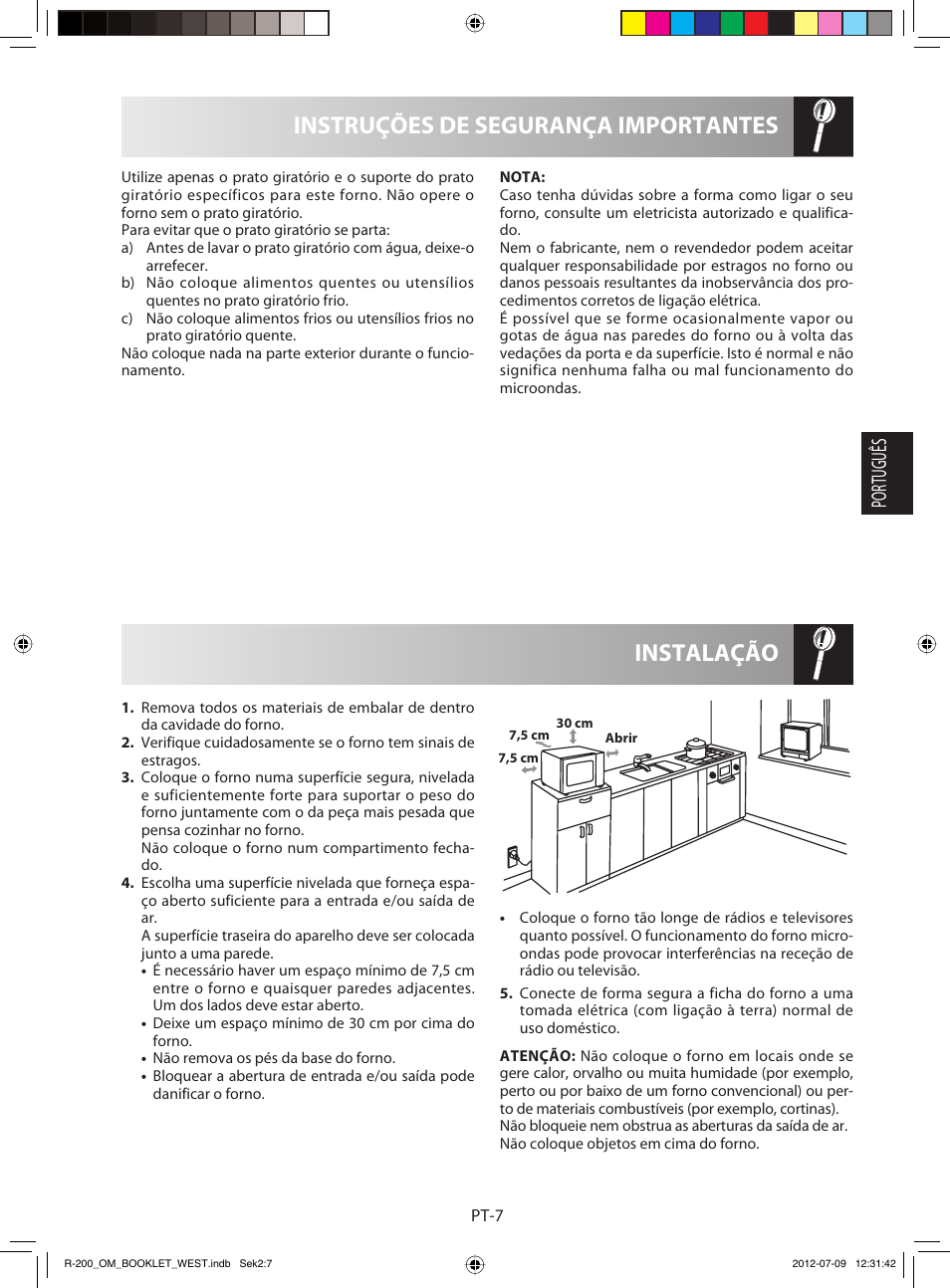 Instalação instruções de segurança importantes, Português | Sharp R-200WW User Manual | Page 29 / 116