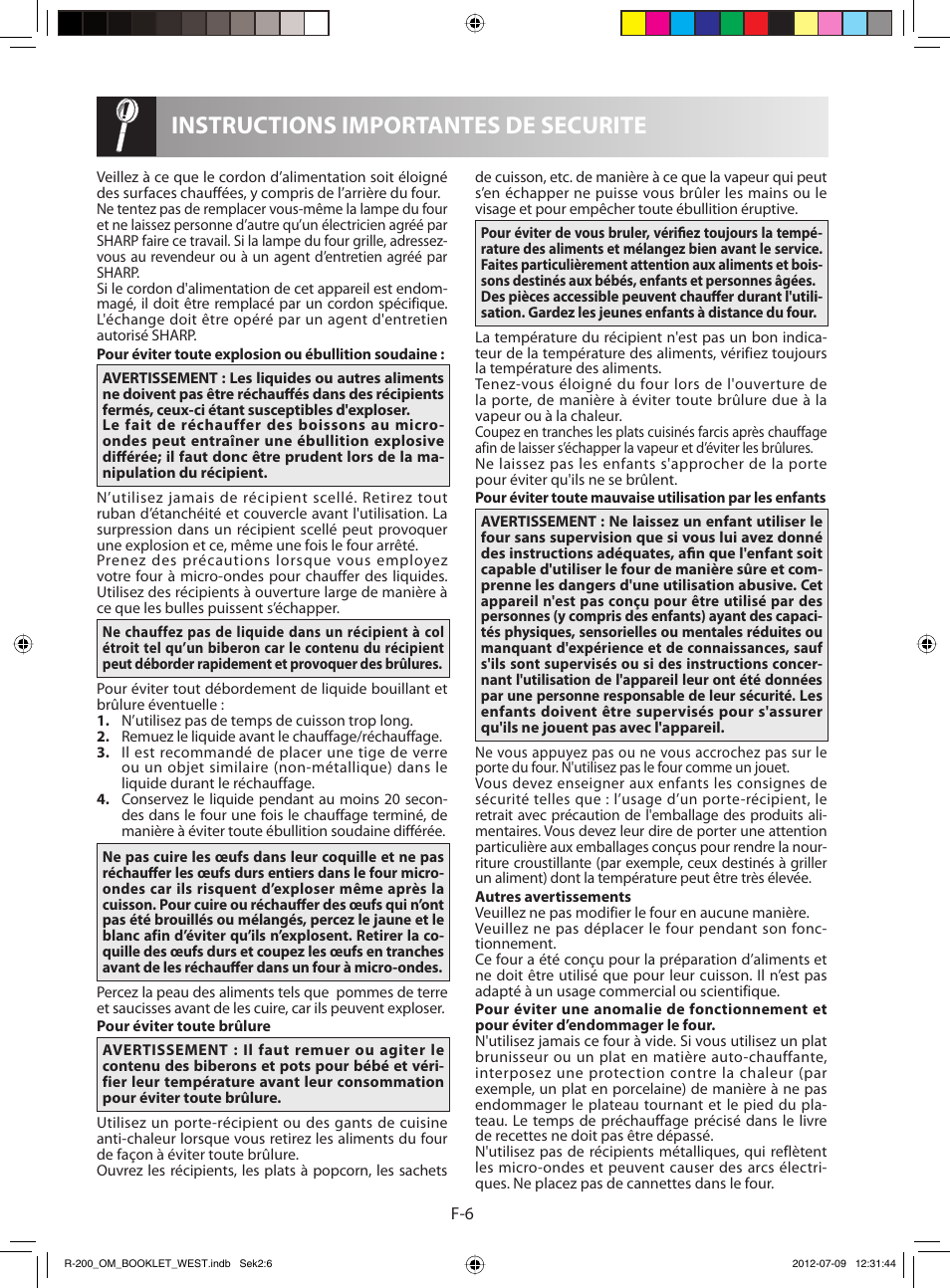 Instructions importantes de securite | Sharp R-200WW User Manual | Page 38 / 116