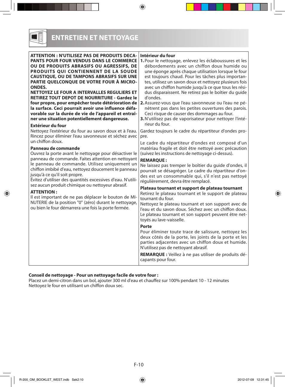 Entretien et nettoyage | Sharp R-200WW User Manual | Page 42 / 116