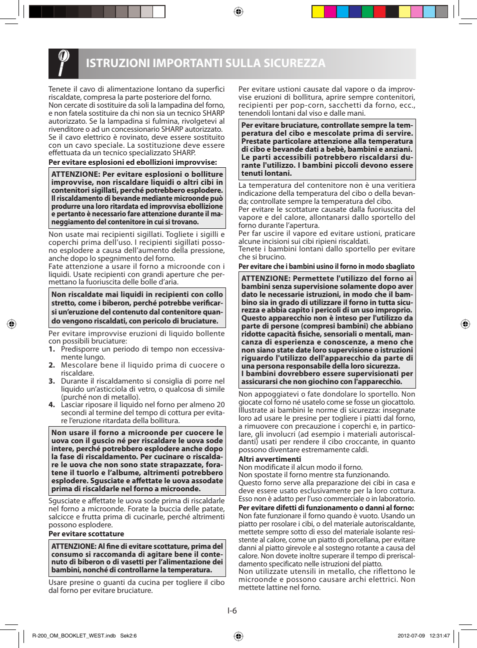 Istruzioni importanti sulla sicurezza | Sharp R-200WW User Manual | Page 48 / 116