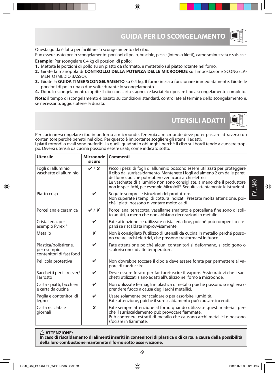 Utensili adatti guida per lo scongelamento, It aliano | Sharp R-200WW User Manual | Page 51 / 116