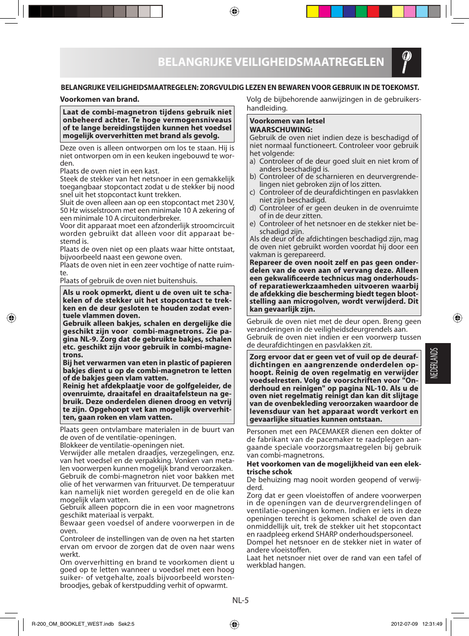 Belangrijke veiligheidsmaatregelen, Nederlands | Sharp R-200WW User Manual | Page 57 / 116