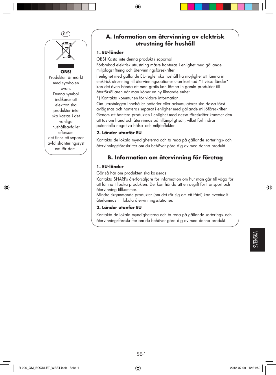 Svensk a, B. information om återvinning för företag | Sharp R-200WW User Manual | Page 63 / 116