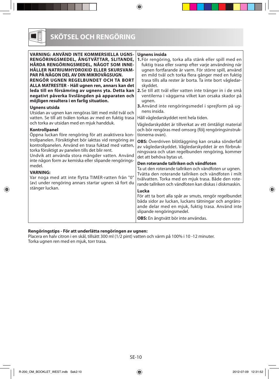Skötsel och rengöring | Sharp R-200WW User Manual | Page 72 / 116