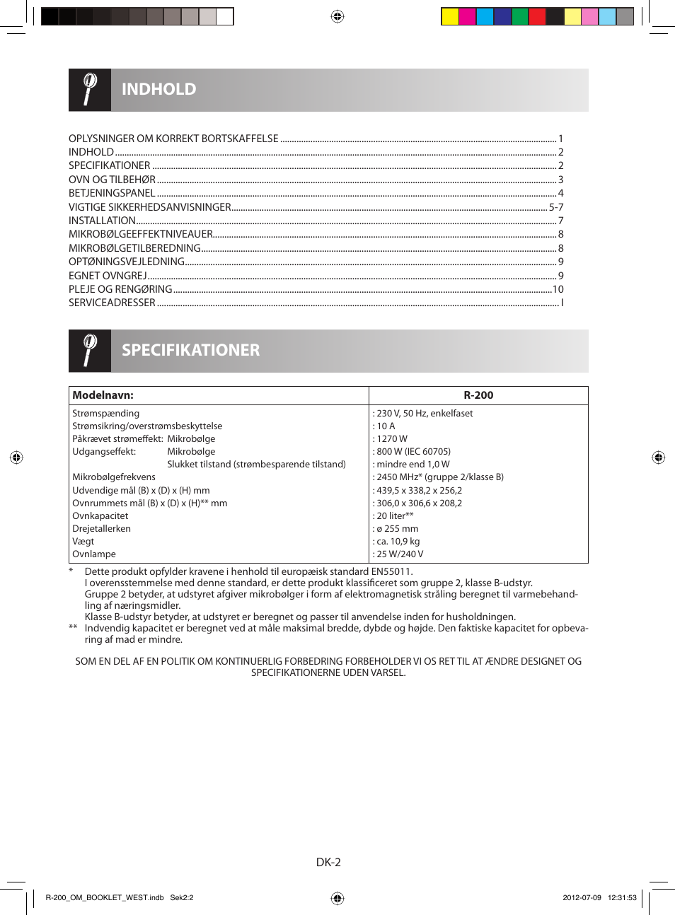 Specifikationer indhold | Sharp R-200WW User Manual | Page 74 / 116
