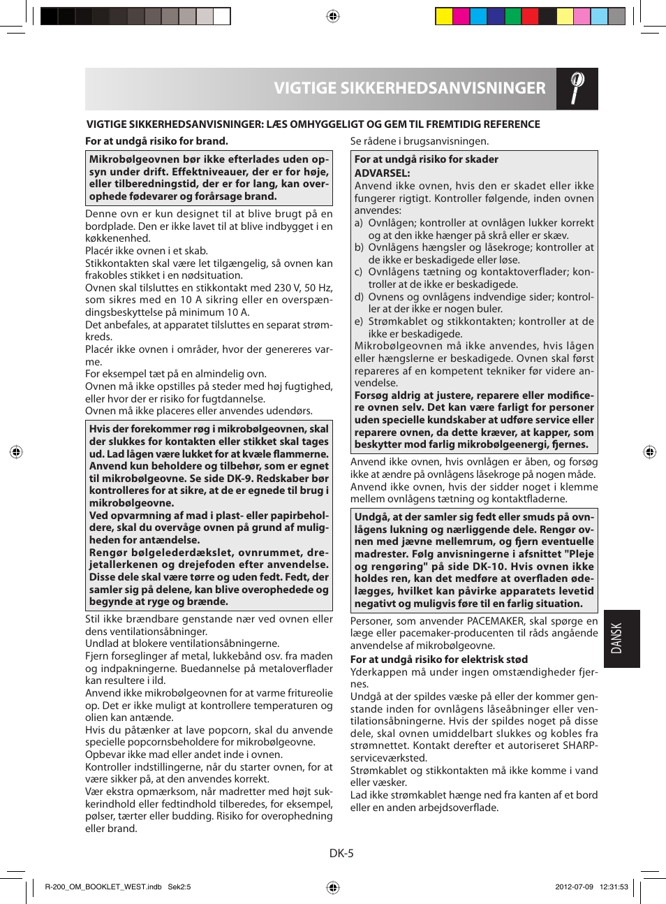 Vigtige sikkerhedsanvisninger, Dansk | Sharp R-200WW User Manual | Page 77 / 116
