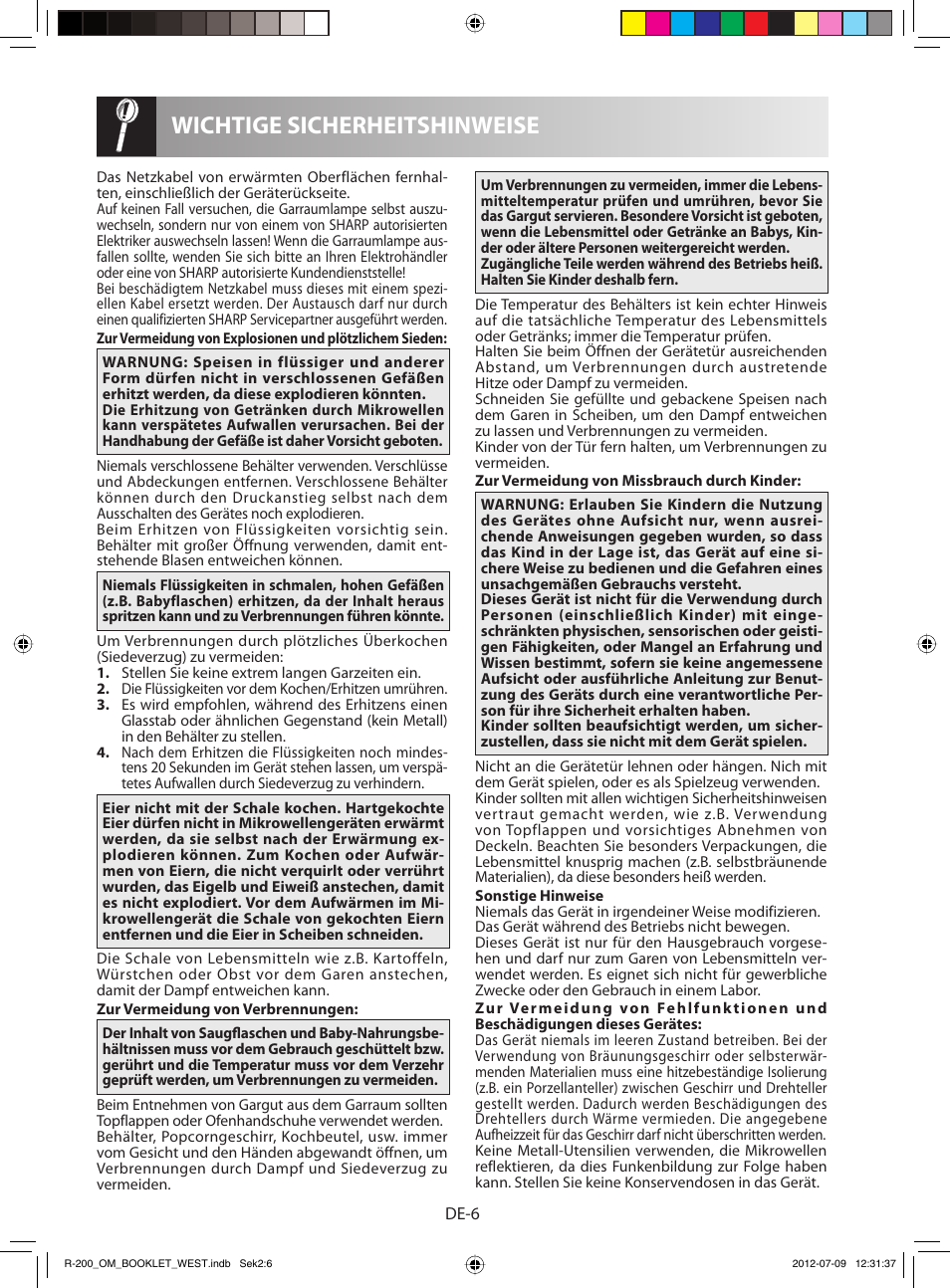 Wichtige sicherheitshinweise | Sharp R-200WW User Manual | Page 8 / 116