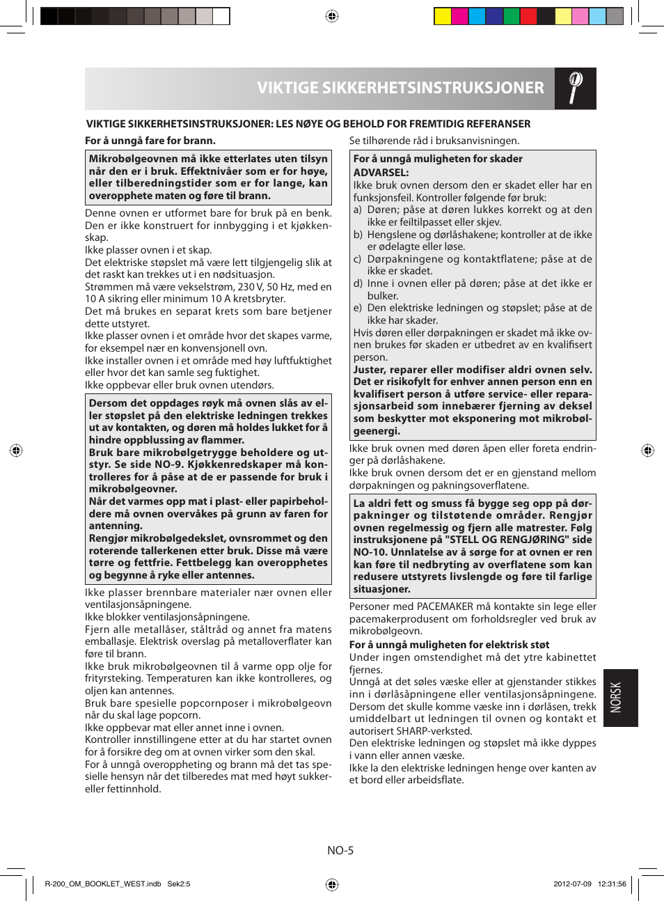 Viktige sikkerhetsinstruksjoner, Norsk | Sharp R-200WW User Manual | Page 87 / 116
