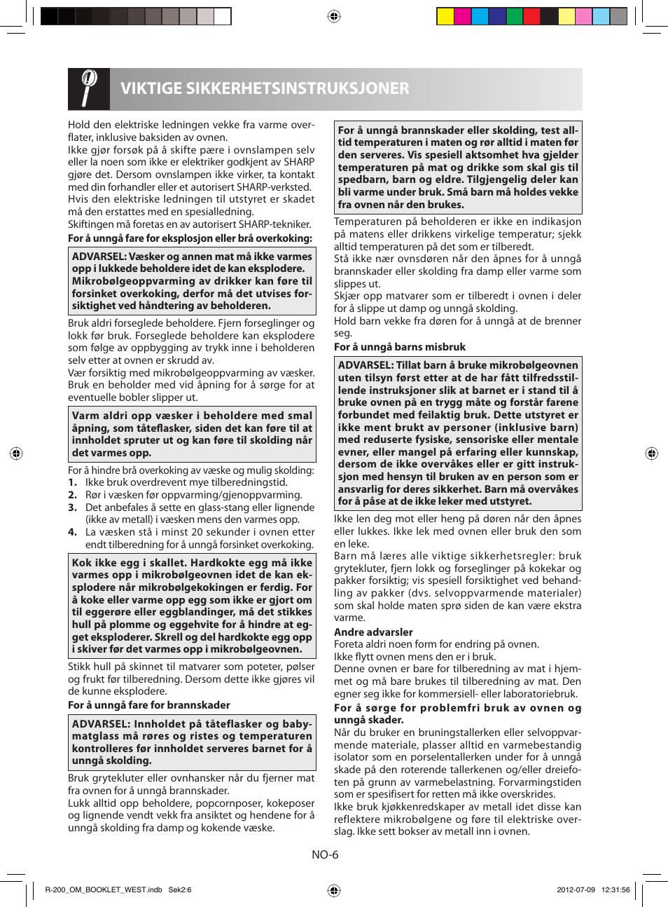 Viktige sikkerhetsinstruksjoner | Sharp R-200WW User Manual | Page 88 / 116