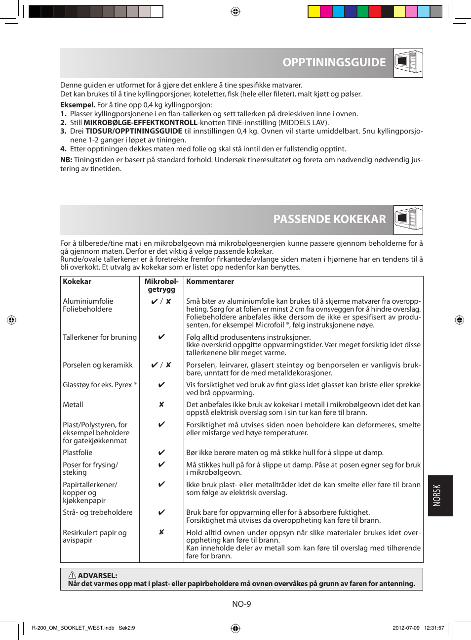 Passende kokekar opptiningsguide, Norsk | Sharp R-200WW User Manual | Page 91 / 116