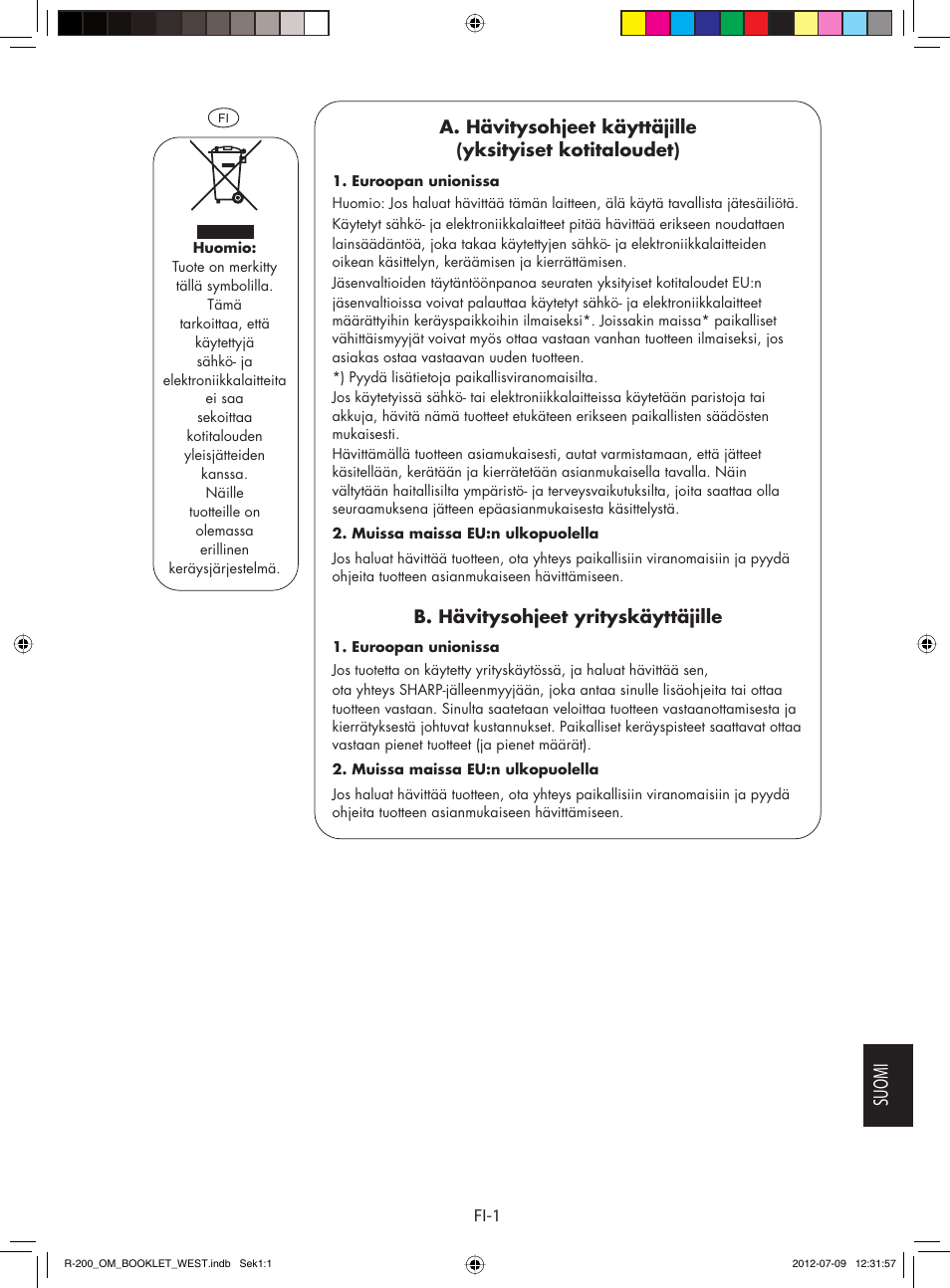 Suomi, B. hävitysohjeet yrityskäyttäjille | Sharp R-200WW User Manual | Page 93 / 116