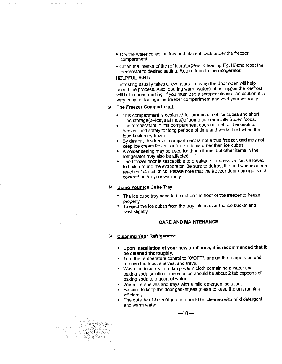 Helpful hint, Using your ice cube trav, Care and maintenance | Cleaning your refrigerator | Avanti 18EYC User Manual | Page 11 / 21