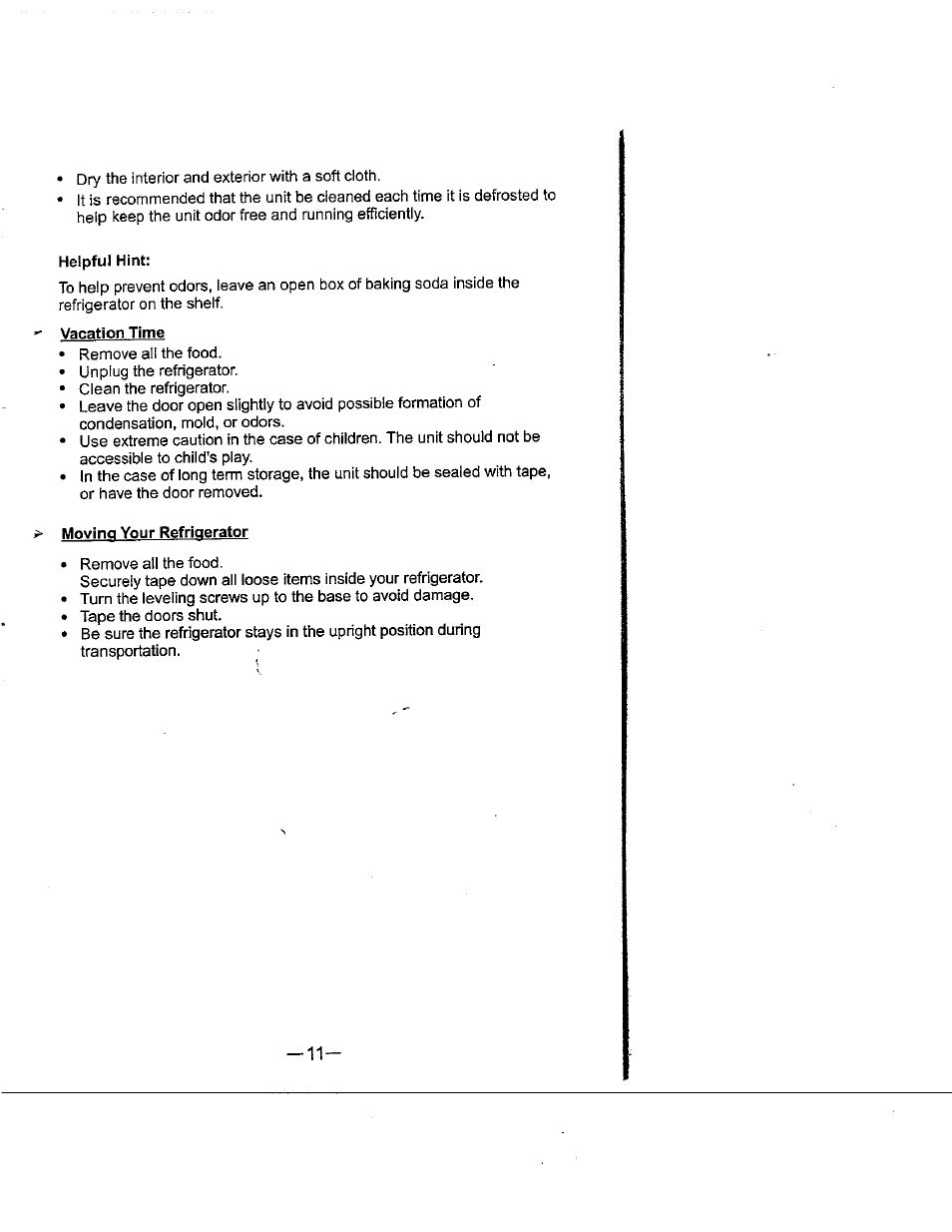 Helpful hint, Vacation time, Moving your refrigerator | Avanti 18EYC User Manual | Page 12 / 21