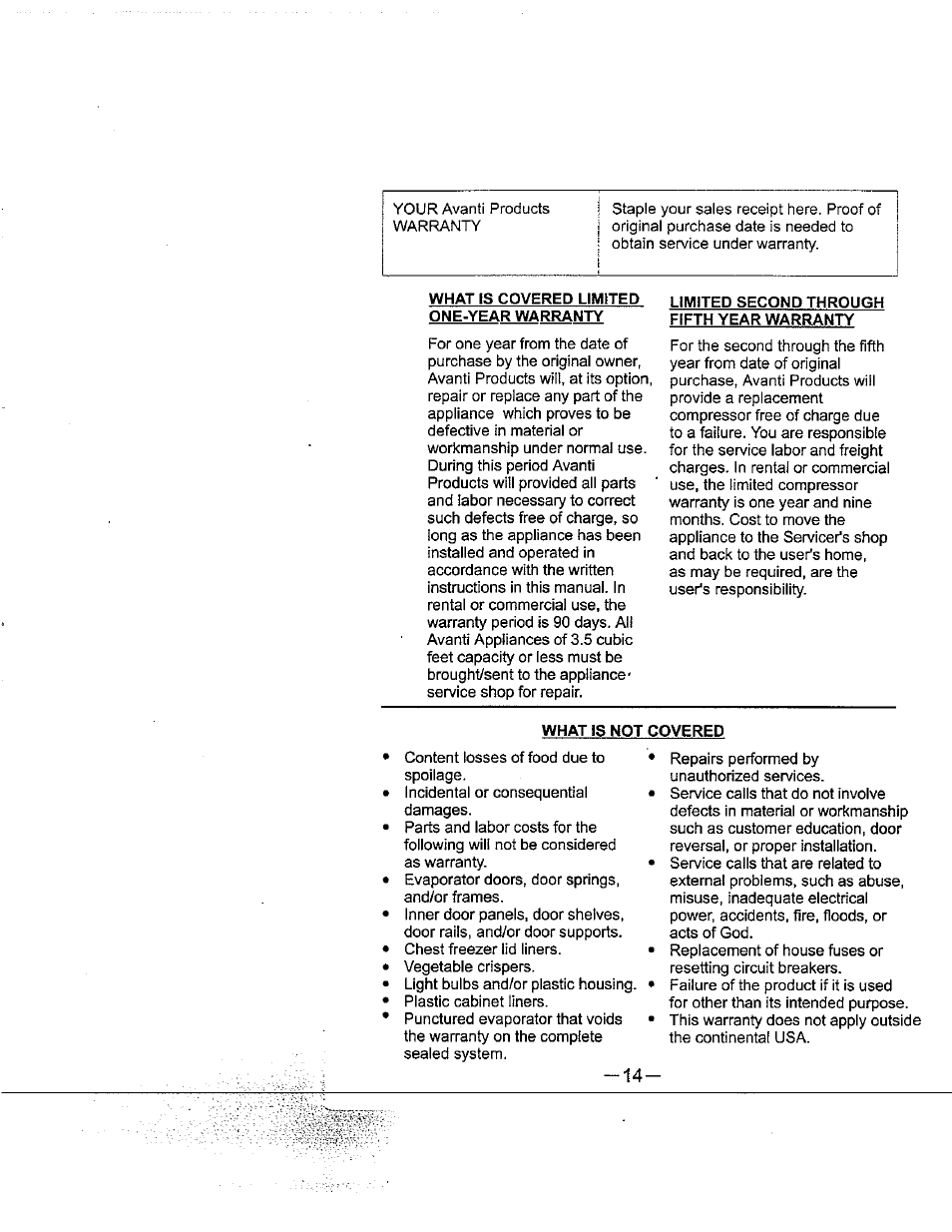 What is covered limited one-year warranty, Limited second through fifth year warranty, What is not covered | Vsliisisi-i | Avanti 18EYC User Manual | Page 15 / 21