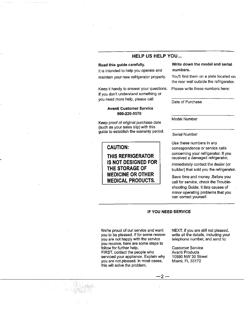 Read this guide carefully, Write down the model and serial numbers, If you need service | Avanti 18EYC User Manual | Page 3 / 21