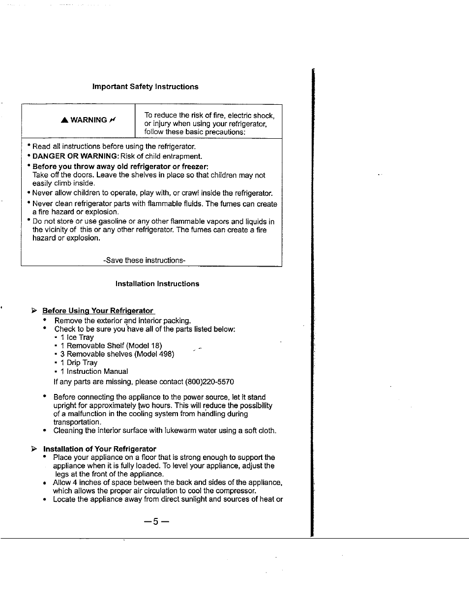 Important safety instructions, Warning h, Installation instructions | Before using your refrigerator, Installation of your refrigerator | Avanti 18EYC User Manual | Page 6 / 21