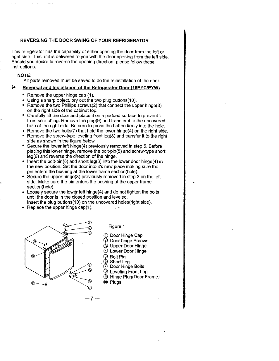 Reversing the door swing of your refrigerator, Note | Avanti 18EYC User Manual | Page 8 / 21