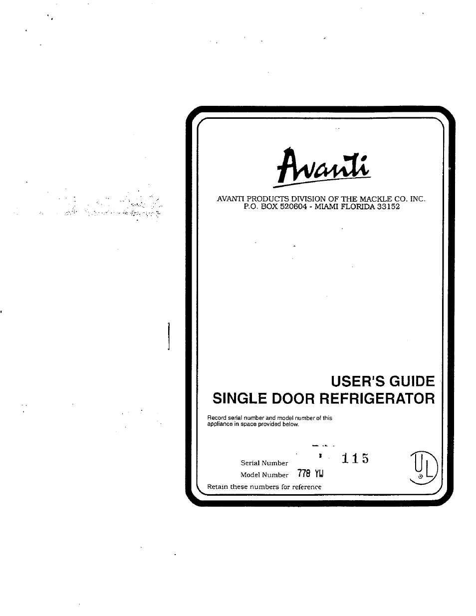 Avanti 778YW User Manual | 12 pages