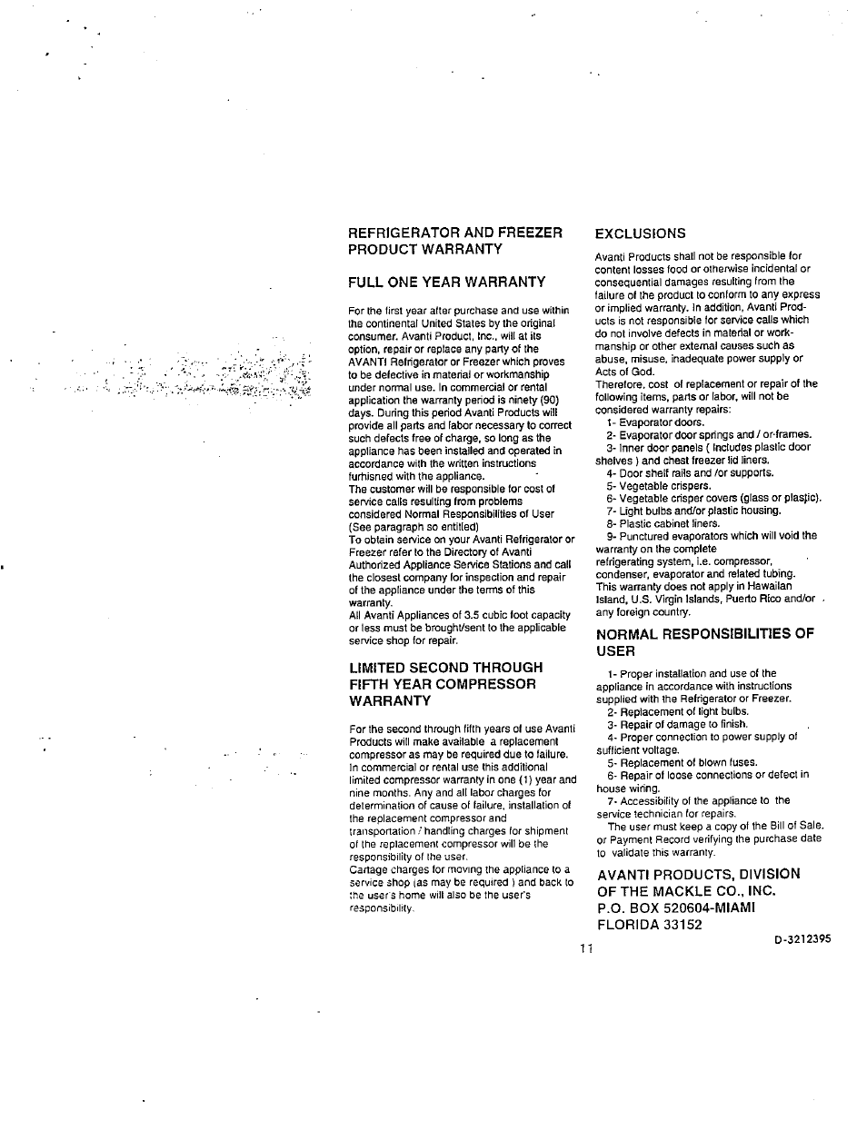 Refrigerator and freezer product warranty, Full one year warranty, Normal responsibilities of user | Avanti 778YW User Manual | Page 12 / 12
