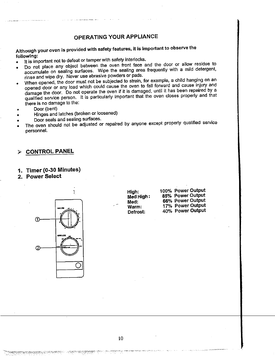 Control panel, Timer (0-30 minutes), Power select | Avanti MO619M User Manual | Page 10 / 17