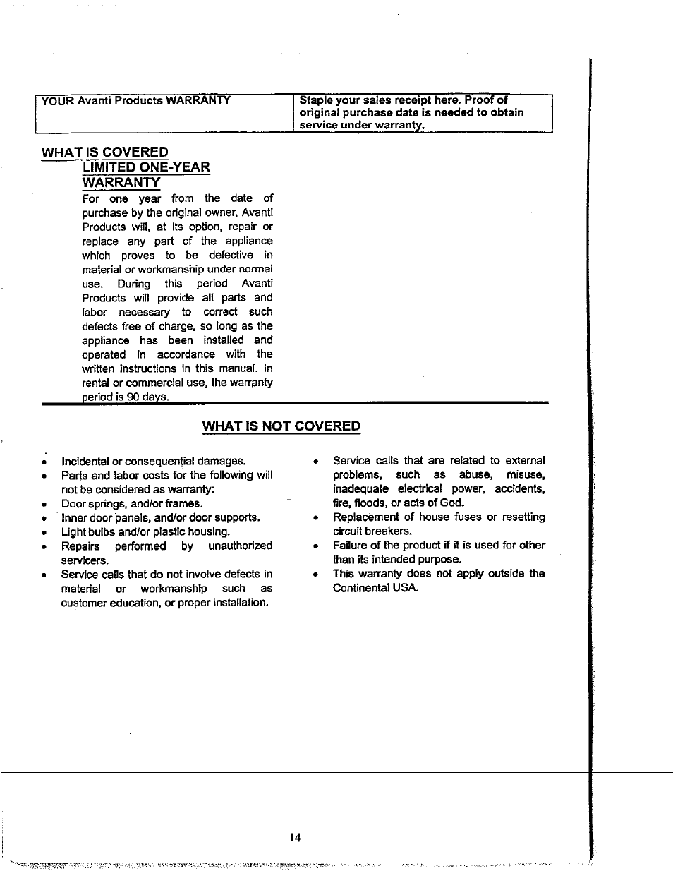 What is covered, Limited one-year warranty, What is not covered | What is covered limited one-year warranty | Avanti MO619M User Manual | Page 14 / 17