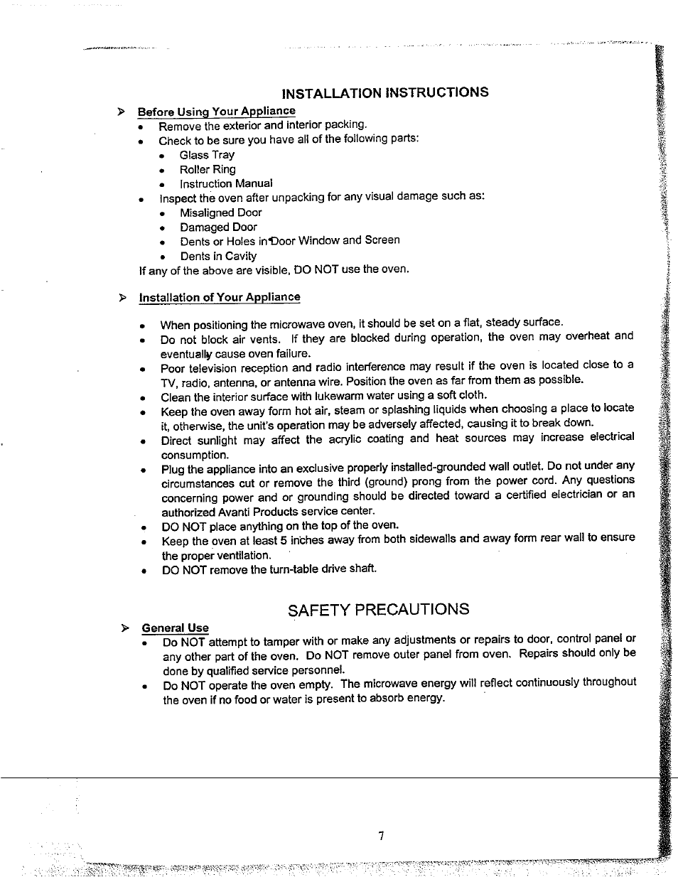 Installation instructions, Safety precautions | Avanti MO619M User Manual | Page 7 / 17