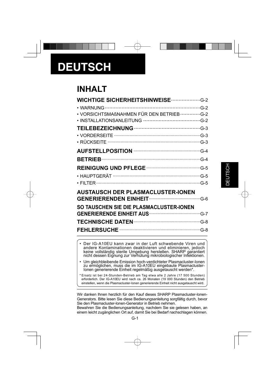Deutsch, Inhalt | Sharp IG-A10EU-W User Manual | Page 13 / 64
