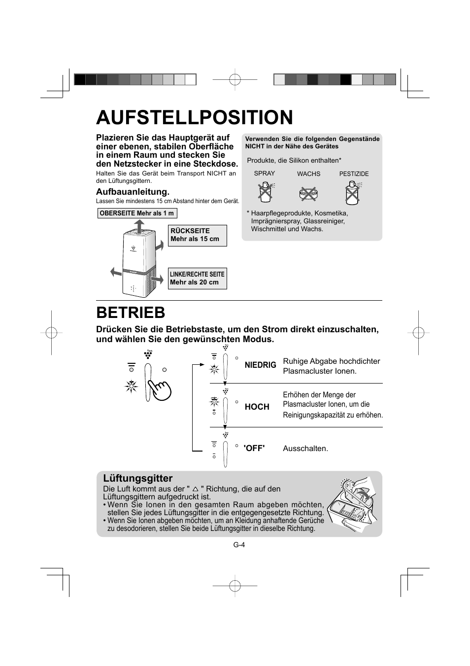 Aufstellposition, Betrieb, Lüftungsgitter | Sharp IG-A10EU-W User Manual | Page 16 / 64